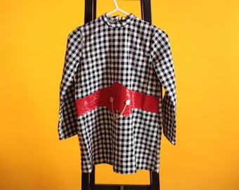 Vestido corto vintage de pata de gallo para niña: cinturón de vinilo rojo de los años 60, talla 7-8