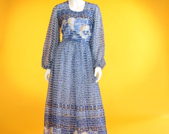 Vintage 1970s Dress Blue Floral Pansy & Dot Psychedelic Print Chiffon Maxi Dress With Balloon Sleeves UK8 US4