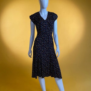 Vintage Dress 1970s Black Multicoloured Spot/Dot Print Tea Dress Midi Dress by 'Sue Hawkins for Biba-Pariscop' UK 8 US 4 EU 36