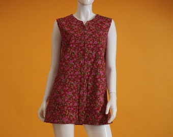 Vintage Dress 1960s Tunic Floral Maroon, Pink & Green Sleeveless Zip Front Mini Dress by 'Atlantic' Size Medium