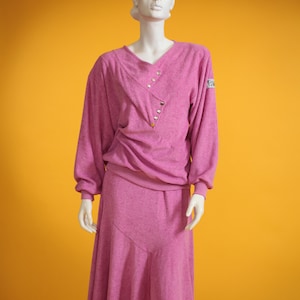 Vintage Loungewear 1980s Pink Long Sleeve Top and Fishtail Skirt Velour Towelling Suit UK Size 10-14 US Size 6-10