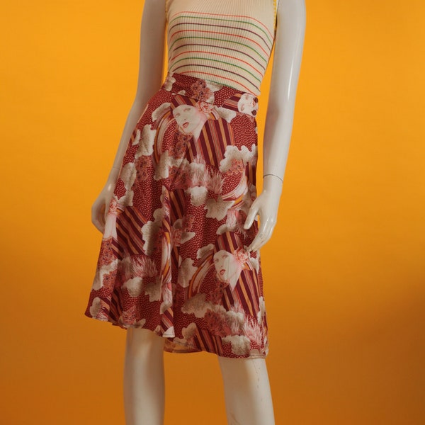 Vintage Skirt 1970s Red Art Deco Lady Print High Waisted A-Line Flared Skirt UK 6 US 2