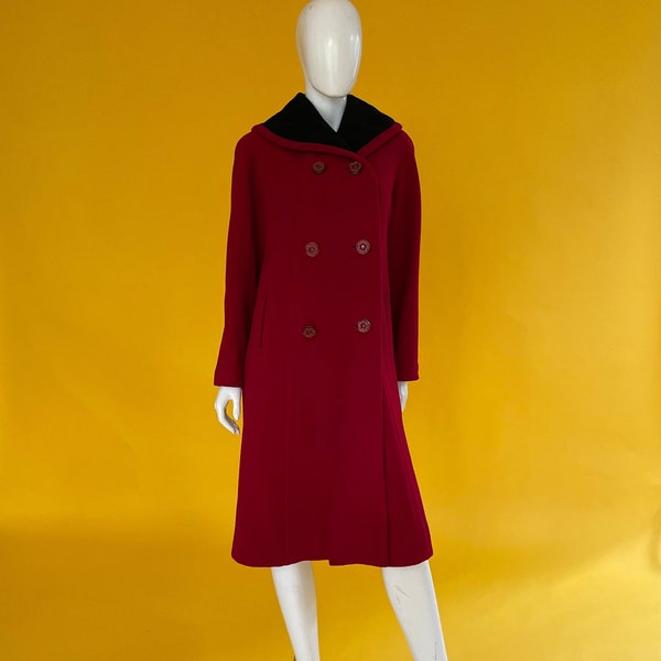 Vintage 1950s Coat Red & Black Wool Winter Long Swing Coat with Shawl Collar UK 10-12 US 6-8