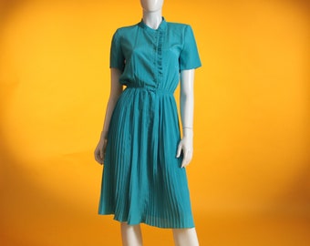 Vintage Dress 1980s Secretary Dress Turquoise Sparkle Satin Crepe Short Sleeved Pleated Ruffle Front Dress by 'Sunbird' Size UK 6-8 US 2-4