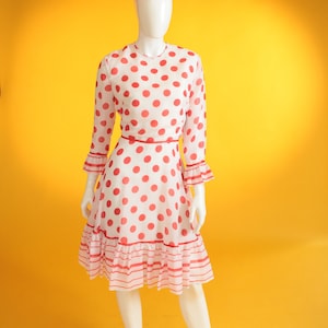 Vintage 1970s Dress Red & White Spot Print Polka Dot Chiffon Tea Dress With Frill Sleeves by &#39;Montigo Bay&#39; UK 8 US 4