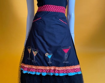 Vintage Apron 1950s Black Cocktail Appliqué Red Spot Short Apron.