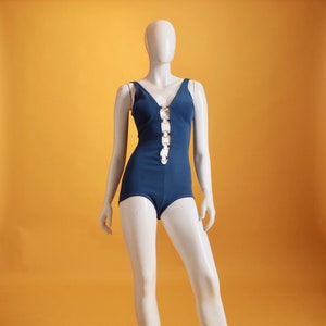 Vintage Swimsuit !960&#39;s Blue Low Cut with Gold Discs by St Michael Size Small UK 10 US 6