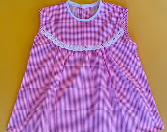 Vintage Baby Dress 1960s Pink & White Gingham Check Smock Dress 9-12 Months