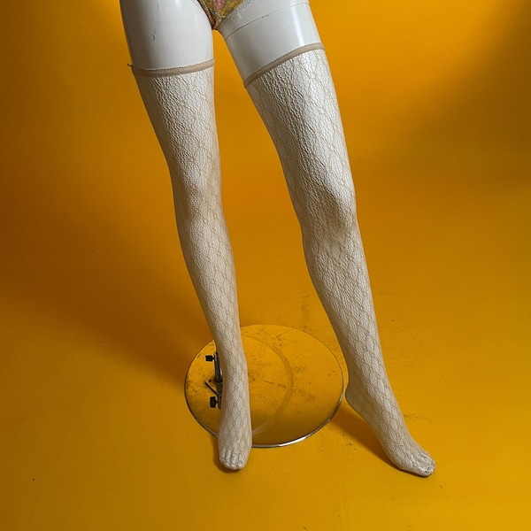 Vintage Stockings 1980's 'Mary Quant' Cream Lacy Fishnet Hold Ups. Brand New/Deadstock.