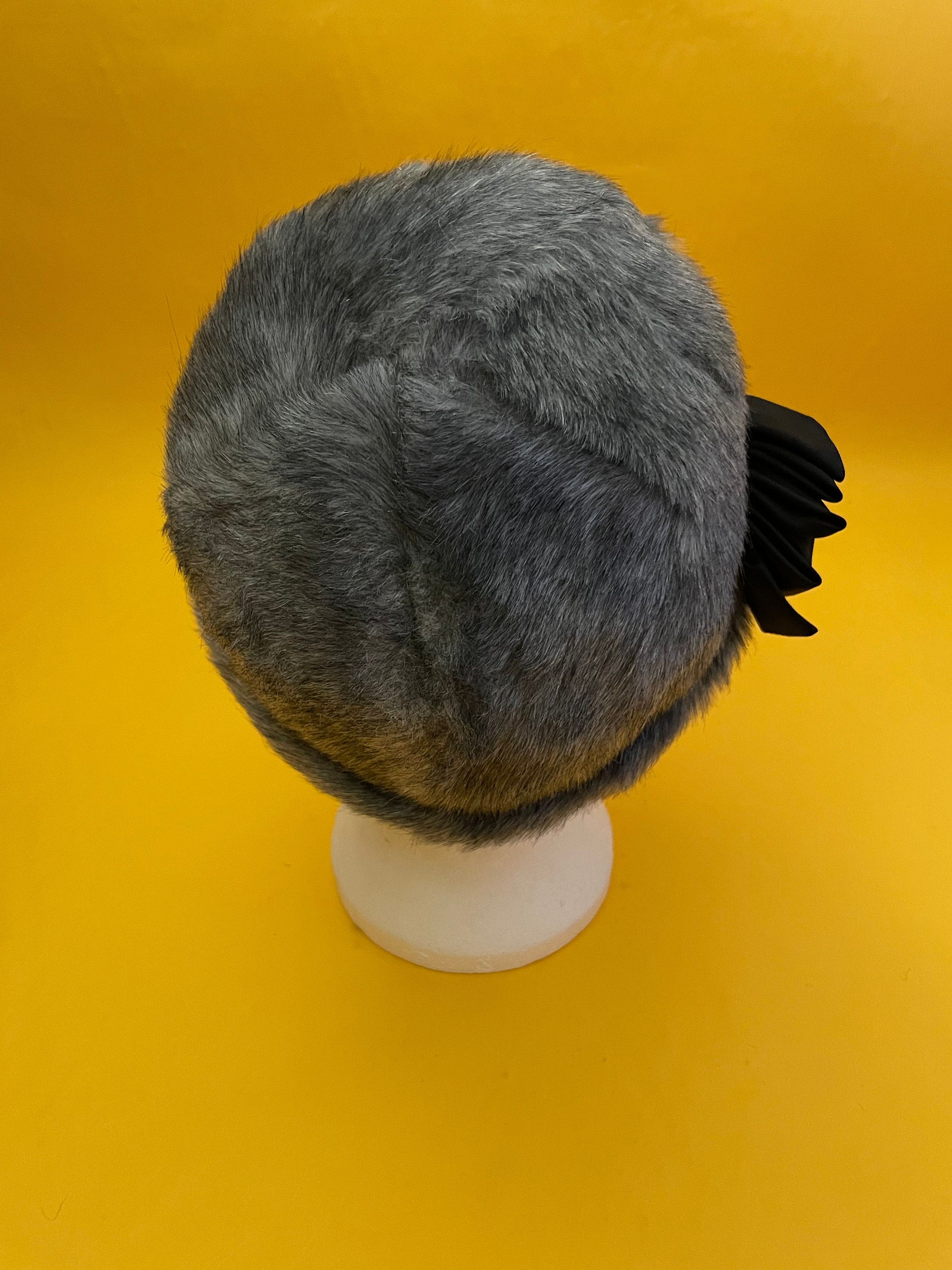 Vintage Hat 1960s Grey Faux Fur Cloche Hat With Black Satin 