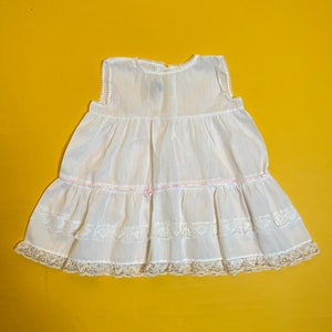 Vintage Baby Girl Dress 1960s/ 1970s White Sleeveless Voile Lace Pink Ribbon Dress