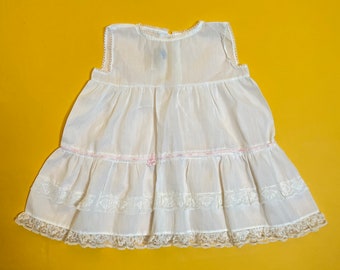 Vintage Baby Girl Dress 1960s/ 1970s White Sleeveless Voile Lace Pink Ribbon Dress