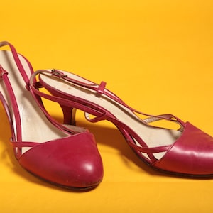 Vintage Shoes 1950s Raspberry Pink Leather Slingback Heeled Sandals by &#39;Young Colony Celebrities by Saxone&#39; Approx UK 3 US 5