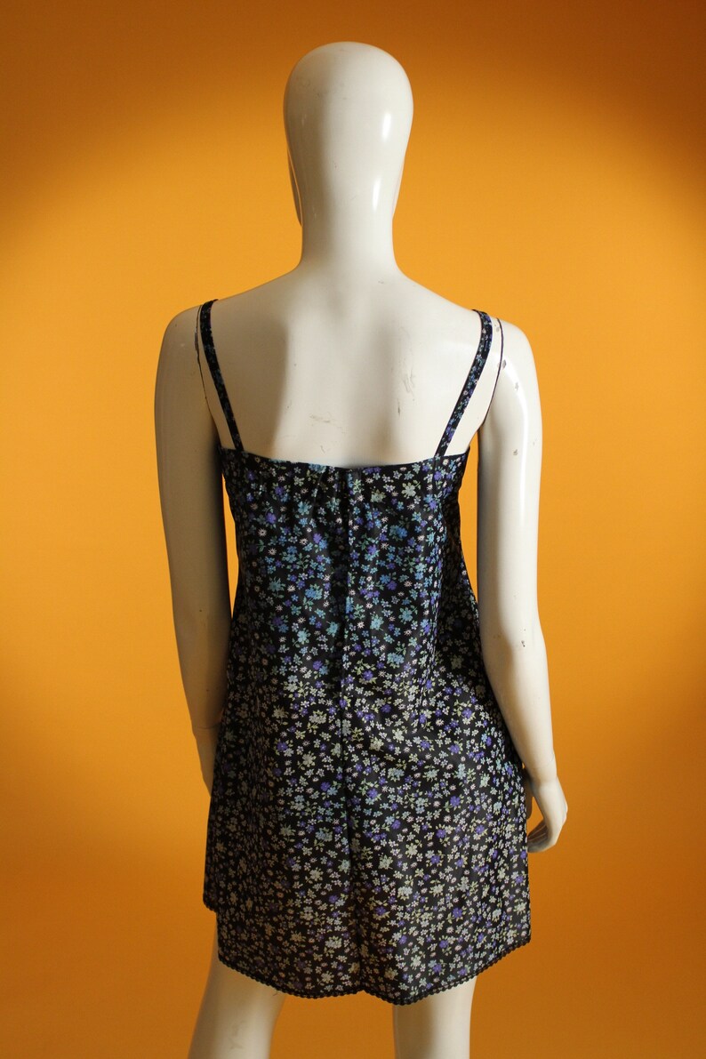 Vintage 1960/'s /'St Michael/' Blue and Black Floral Mini Slip with Built in Bra UK Size 6 US Size 2