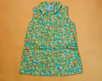 Vintage Girls 1960s Dress Floral Green, Yellow, Blue, & Orange Cotton Shift Dress with Belt Kids Dead Stock by 'Cuckoo' Approx Age 6-7