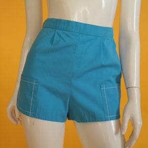 Vintage Shorts 1950&#39;s &#39;St Michael&#39; Blue Cotton High Waisted With Side  Zip Fastening  UK 4- 6 US 0-2 Age 12-14