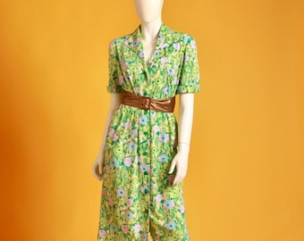 Vestido camisero vintage con estampado floral de Ken Scott, años 70: diseño italiano, rosas verdes y rosas, talla M