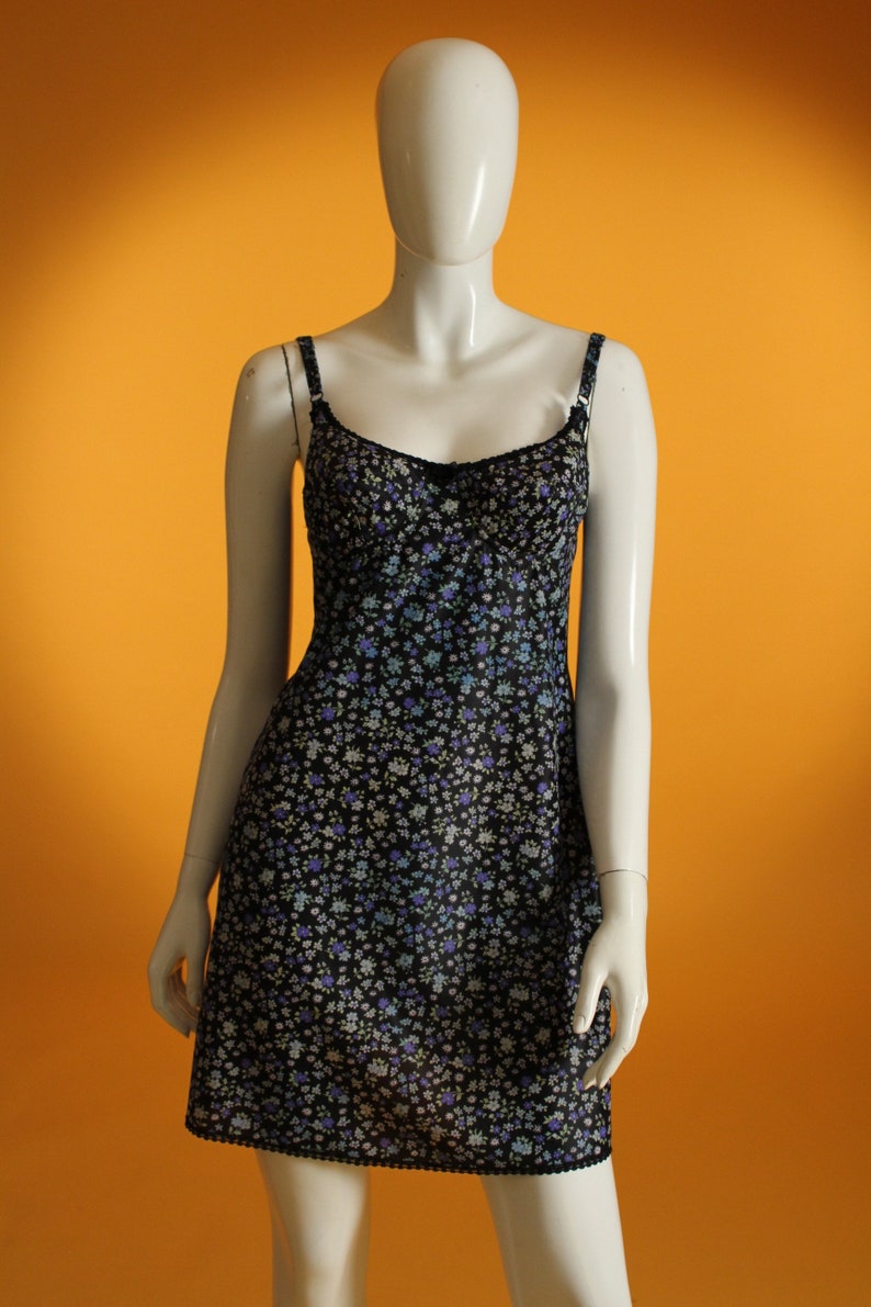 Vintage 1960/'s /'St Michael/' Blue and Black Floral Mini Slip with Built in Bra UK Size 6 US Size 2
