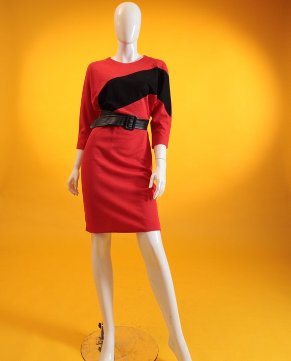 Vintage 1970s Dress New Wave Red & Black Batwing … - image 1