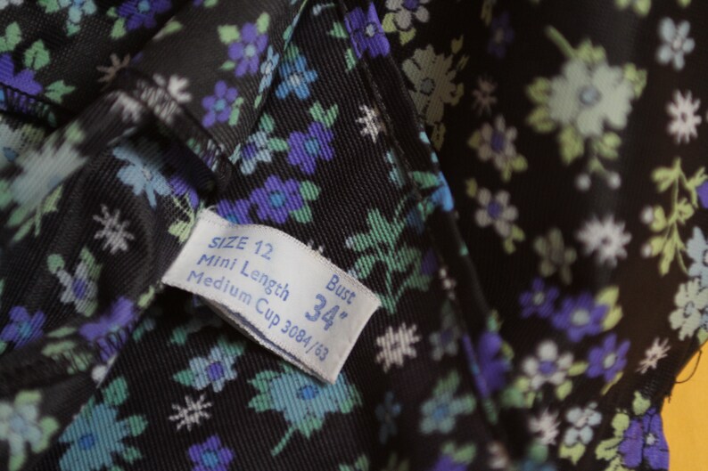 Vintage 1960/'s /'St Michael/' Blue and Black Floral Mini Slip with Built in Bra UK Size 6 US Size 2