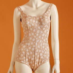 Vintage Swimsuit 1950&#39;s Gold, Silver Lurex and Cream Floral with Bullet Bra by Demoiselle Size Small