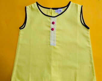Vintage Baby Dress 1960s Girls Deadstock Sleeveless Yellow Cotton Frill Front Pink Button Shift Kids Dress Age 12-18 Months