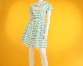 Vintage Dress 1970s 1950s Style White & Green Stripe Cotton Day Dress Shirt Dress by 'Susie G' UK 4 US 2