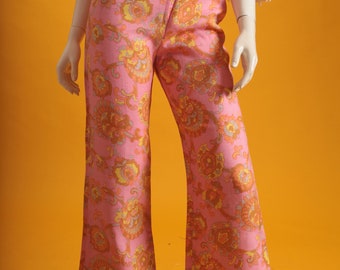 Vintage Trousers 1960s 1970s Pink Paisley Psychedelic Print Linen High Waisted Flares Pants XS UK 4-6 US 0-2