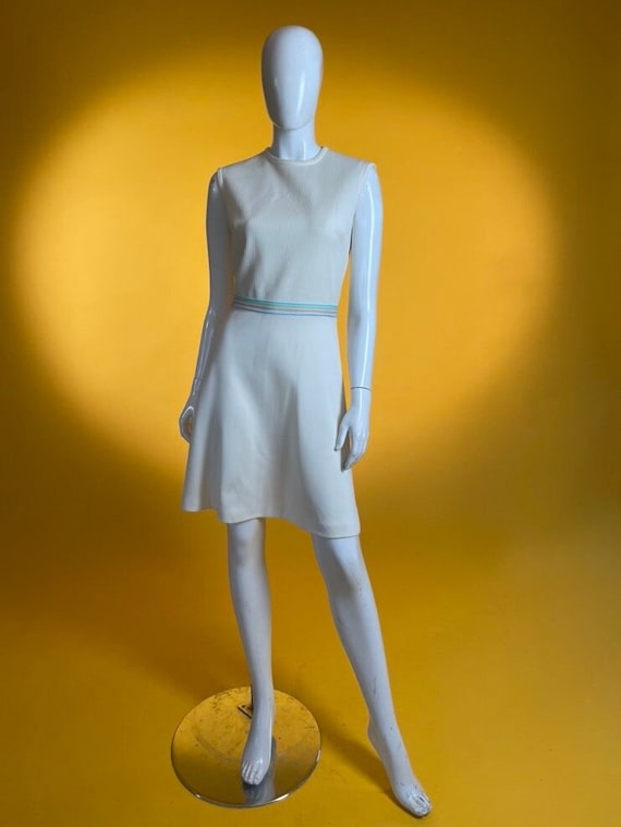 60s skater dress Vintage 60s Bleeker Street Skater Dress: Sleeveless Cream Knit, US 6