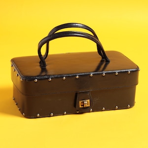 Vintage 1950&#39;s Bag Black Leather Rectangular Studded Box Bag with a Moire Lining and Brass Clasp