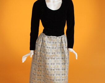 Vintage Dress 1970s 'Treacy Lowe London' Black Velvet and Gold, Silver Lurex Long Sleeved Maxi Dress. UK 8 US 4.