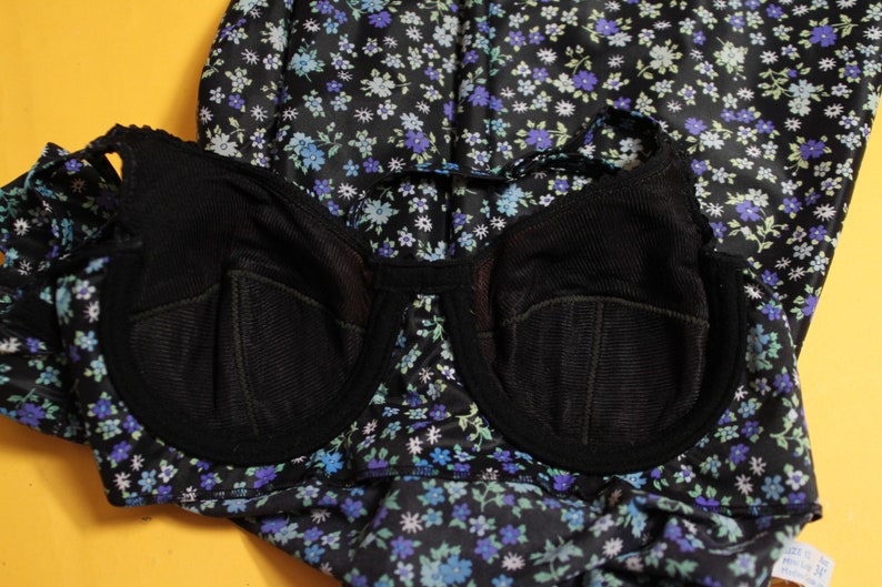 Vintage 1960/'s /'St Michael/' Blue and Black Floral Mini Slip with Built in Bra UK Size 6 US Size 2