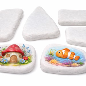 May include: A collection of white, smooth stones in various shapes. Two stones are decorated with painted scenes: a mushroom house with flowers and a clownfish in an underwater setting. The other stones are plain.