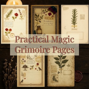 Op de afbeelding: Een verzameling grimoire-pagina's in vintage-stijl met botanische illustraties, waaronder rozemarijn, rozen en andere kruiden. De pagina's bevatten handgeschreven tekst en decoratieve randen, met de woorden "Practical Magic Grimoire Pages" eroverheen.