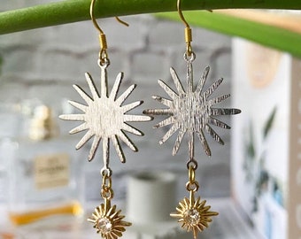 Celestial Mixed Gold Silver Earrings With Cubic Zirconia Crystal Stars | Sparkling Sunburst Earrings | Witchy Bohemian Earrings