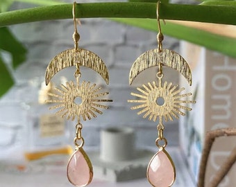 Celestial Sunburst Rose Quartz Earrings | Bohemian Witchy Earrings | Handmade Statement Moon Sun Earrings