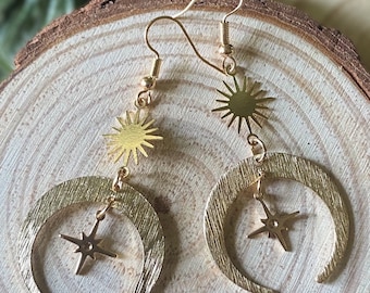 Sparkling Crescent Moon Sun Star Earrings | Bohemian Hippie Dangle Drop Earrings | Witchy Gift For Her