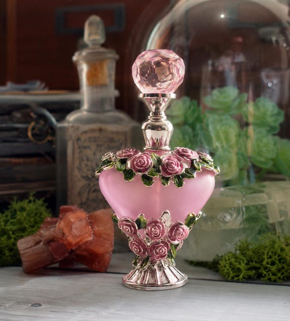 Vintage Pink Glass Perfume Bottle: Heart Shaped Victorian Style
