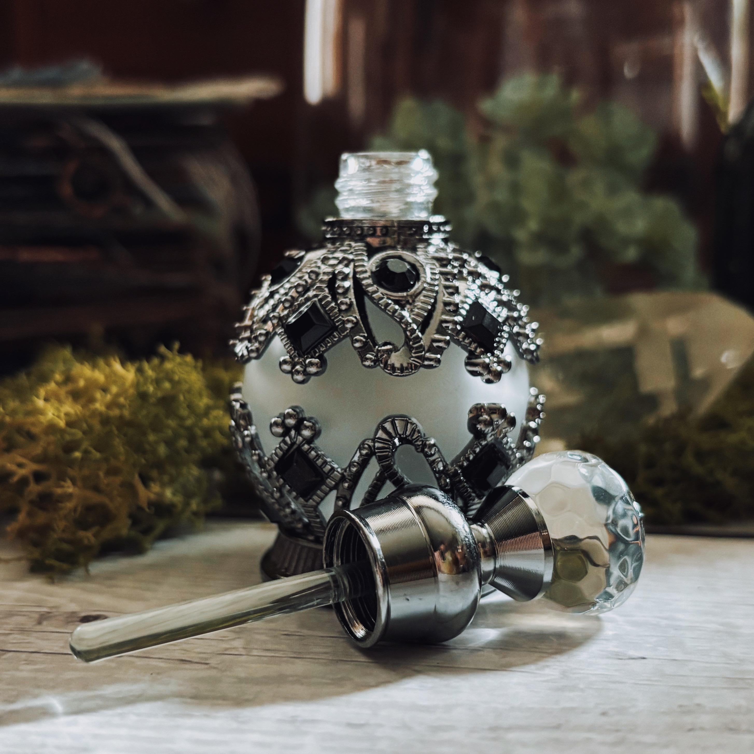 Vintage Glass Perfume Bottle: Silver Filigree Witch Potion Vial