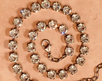 Austrian Crystal Tennis Necklace: Antique Silver Bridal Jewelry Statement Collet layering necklace