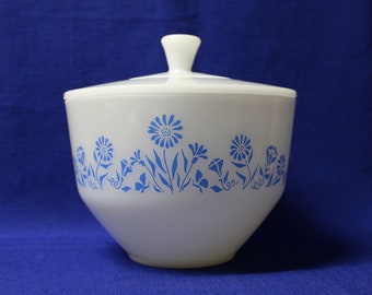 1 1/2 Quart Covered Milk Glass Bowl in Blue Flowers by Federal Glass