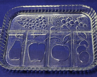 Vintage Crystal 5 Part Divided Relish/Serving Tray/Dish/Platter in "Fruits" (Apple, Pear, Grapes) by Indiana Glass in the box.