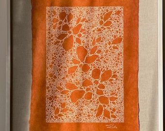 Original hand-painted Japandi style wall art | Minimal wabi sabi painting on natural handmade paper burnt orange | mid century modern decor