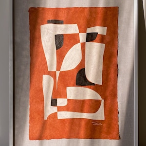 Original hand-painted Japandi style wall art | Minimal wabi sabi painting on natural handmade paper burnt orange | mid century modern decor