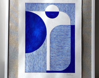 Original hand-painted Japandi style wall art | Minimal wabi sabi painting on natural handmade paper | mid century modern electric blue decor
