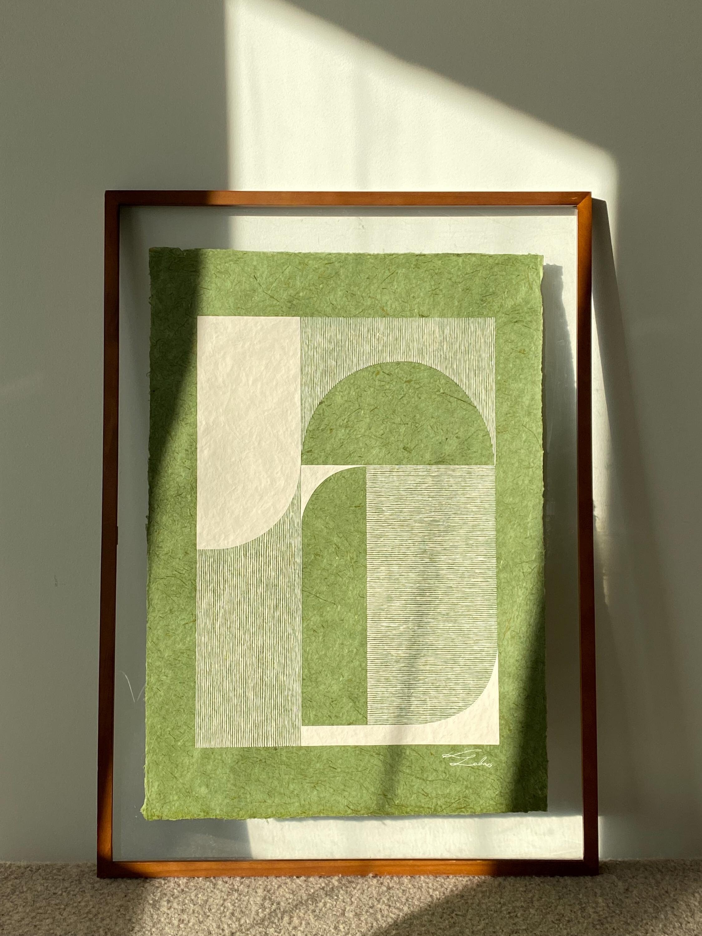 Original hand-painted Japandi style wall art | Minimal wabi sabi painting on natural handmade green paper | mid century modern decor
