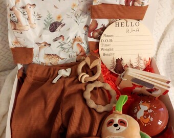 May include: A white gift box filled with baby clothes and toys. The box contains a white onesie with a woodland animal print, brown trousers, a brown knit hat with woodland animal embroidery, a wooden rattle, a plush sloth toy, and a wooden sign that says "Hello World".