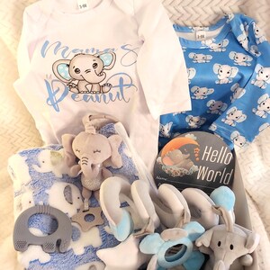 May include: A blue and white baby gift box with a blue and white blanket, a gray elephant plush toy, a blue and white spiral toy, a blue and white flower-shaped toy, a gray elephant-shaped toy, and a card that says "Hello World".