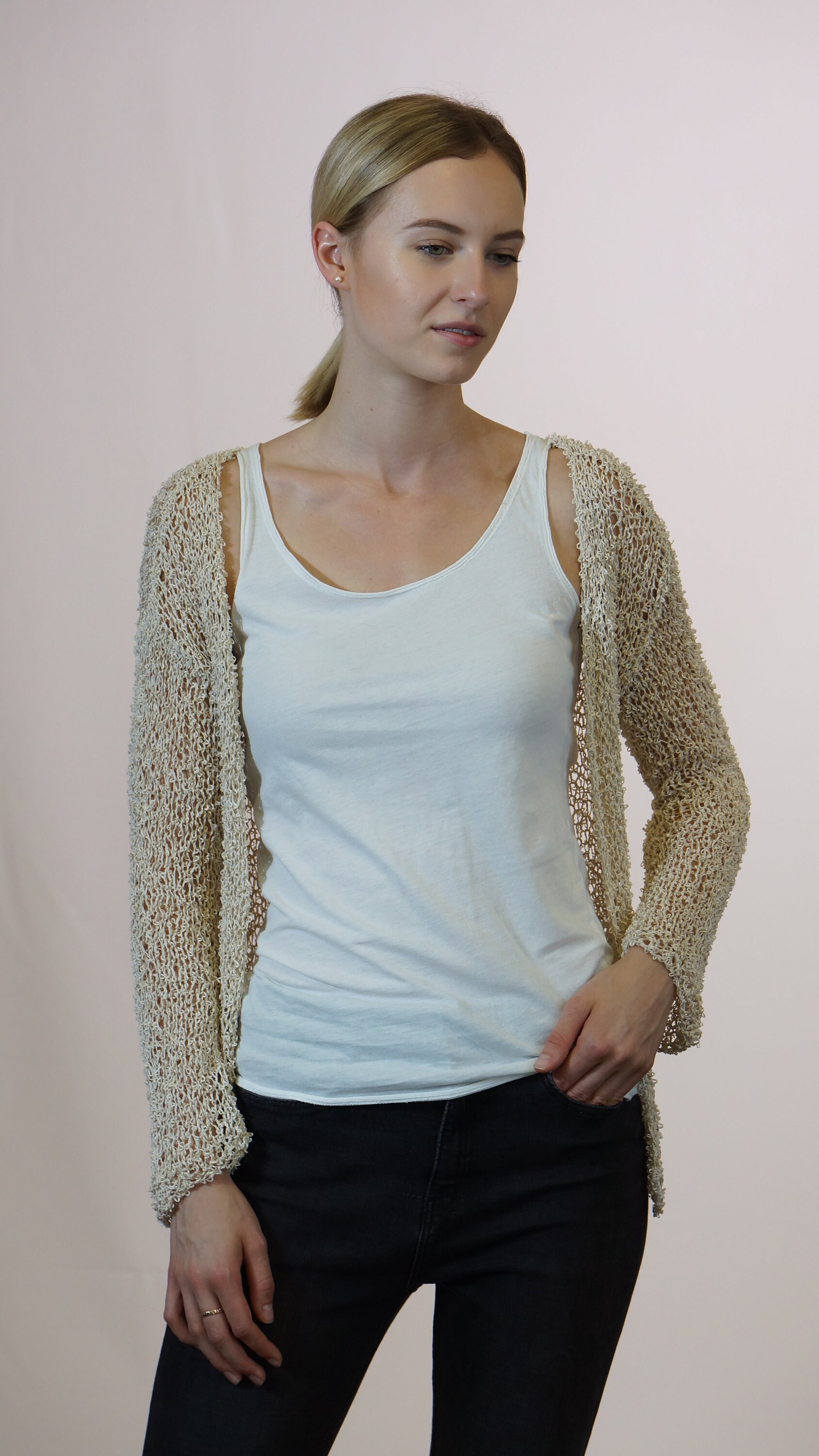 Ivory Beige Cardigan for Summer SPRING, Shrug for Women, Cotton and Silk Sweater, Handmade Cardigan, Knit Woman Jacket, Beach Cover Up