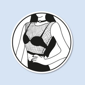 May include: Black and white line drawing of a person wearing a black mesh top with a black bra underneath and a black choker.